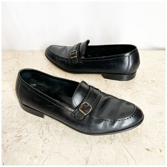 Bally Mens Dress Shoes 9.5 D Black Leather Loafers Slip On Strap Buckle ITALY main image 7